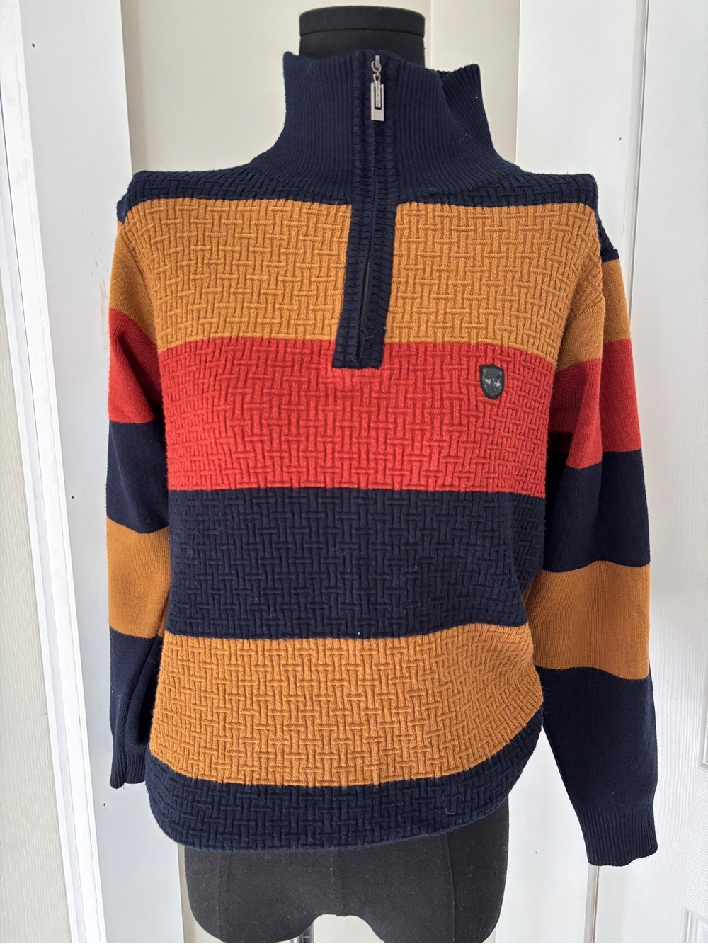 Classic Men's Wool Blend Rugby Zip Sweater in Navy, Rust & Mustard Size Small